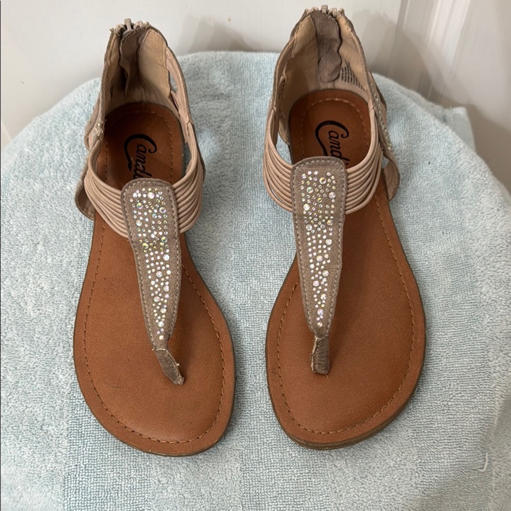 Candie’s Pink & Grey Zip Back Sandals with Rhinestone Detail